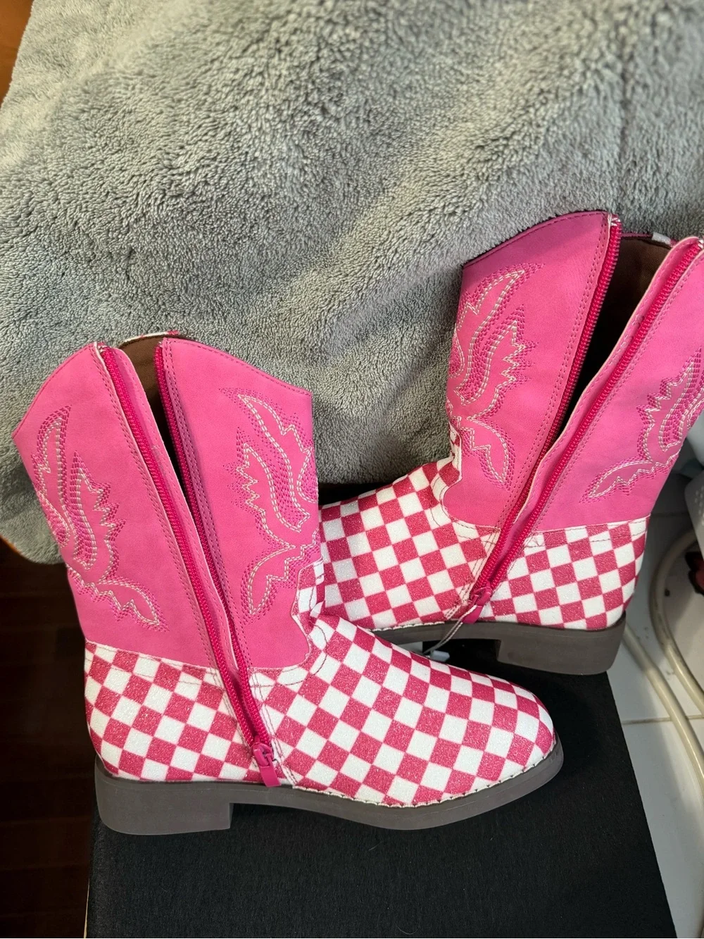 Kids Pink Checkered Cowboy Boots